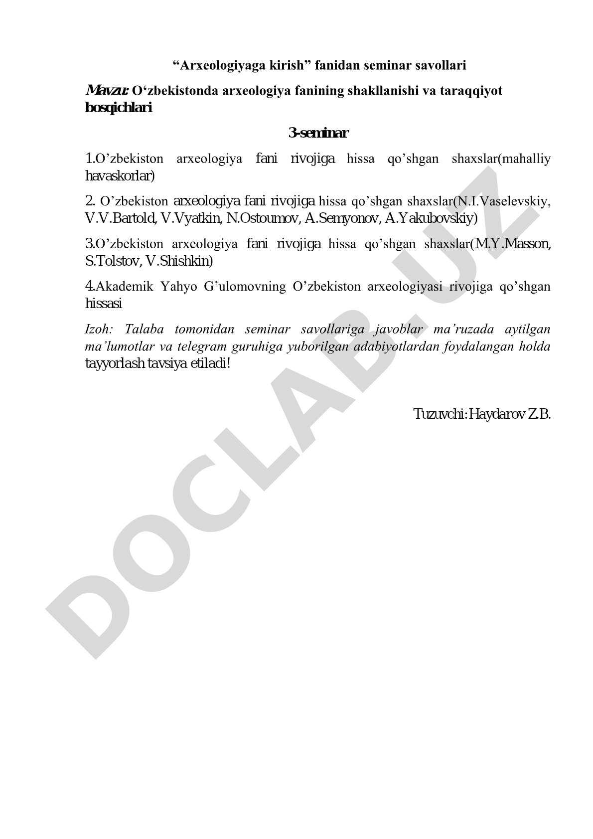 O‘zbekistonda arxeologiya fanining shakllanishi va taraqqiyot bosqichlari