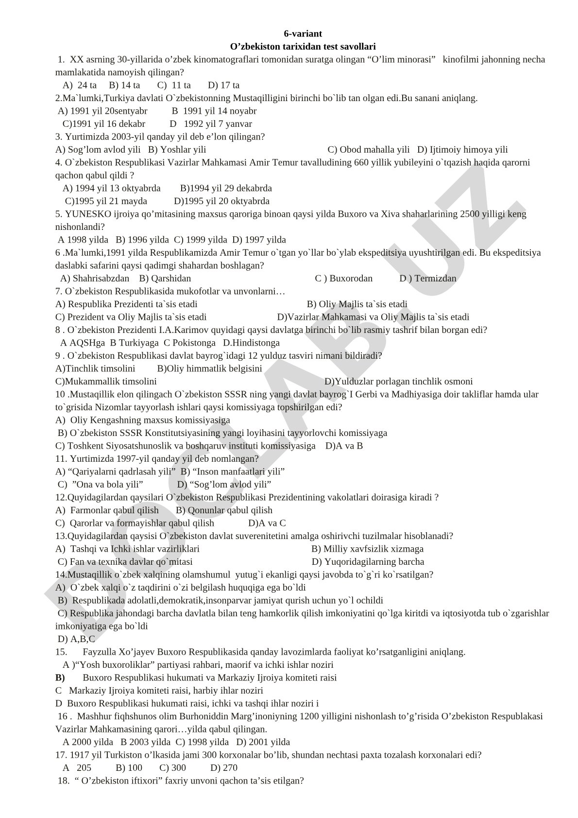 O'zbekiston tarixidan test savollari