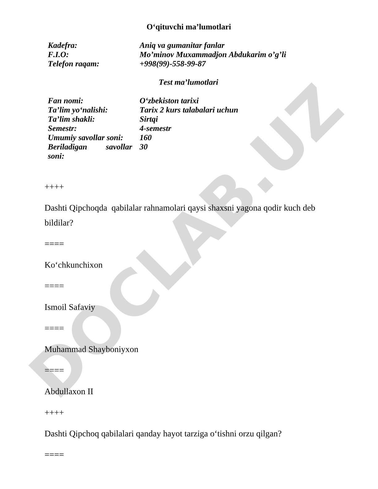 O'zbekiston tarixi test savollari