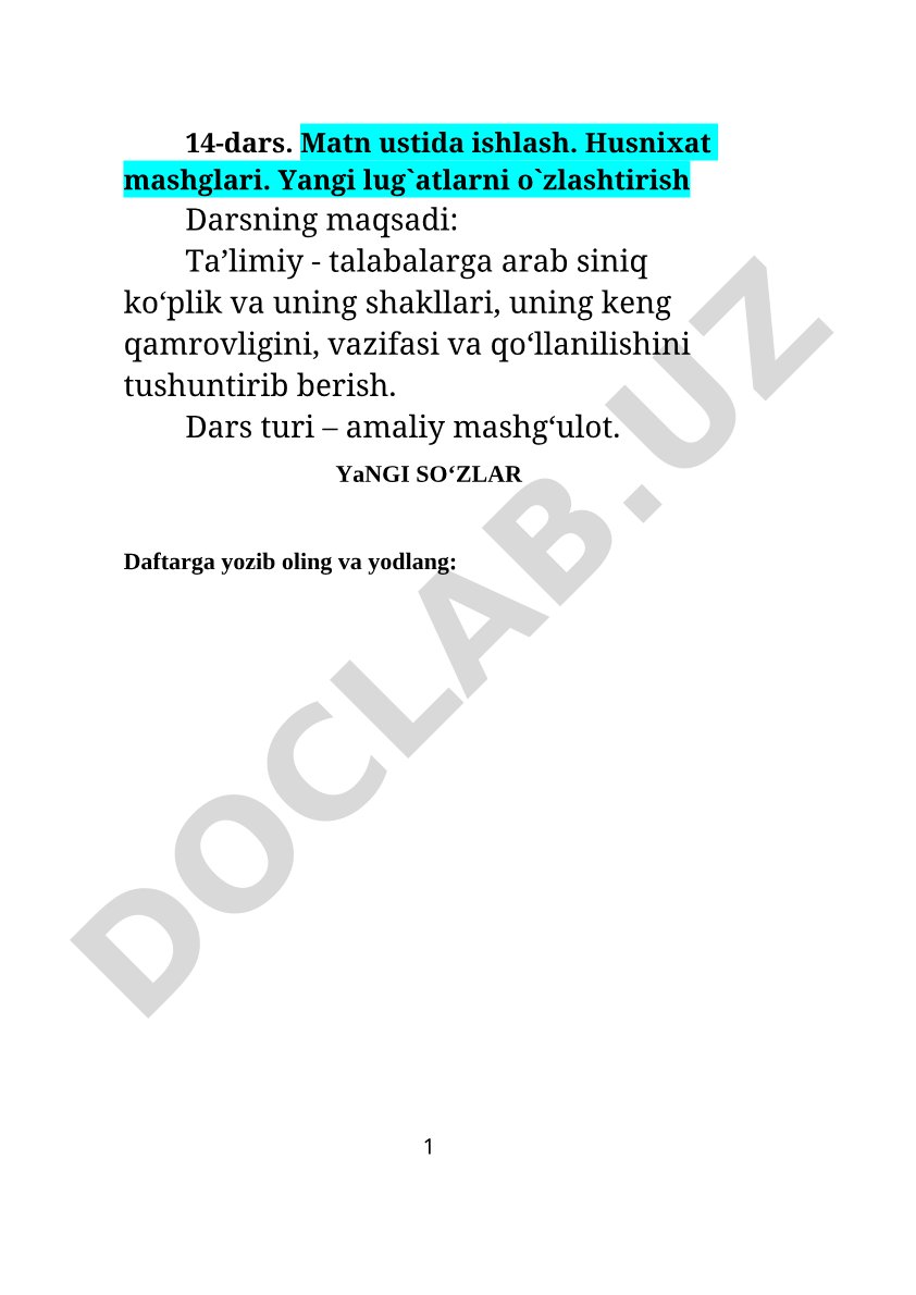 Matn ustida ishlash. Husnixat mashglari. Yangi lug`atlarni o'zlashtirish