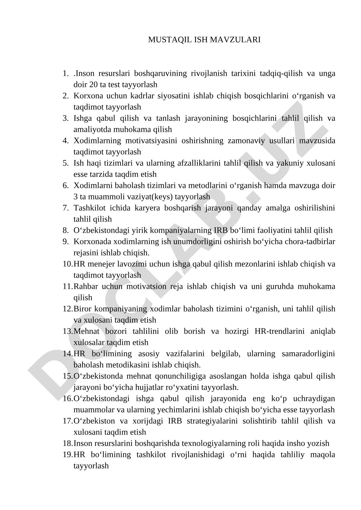 Inson resurslari boshqaruvi mustaqil ish mavzulari