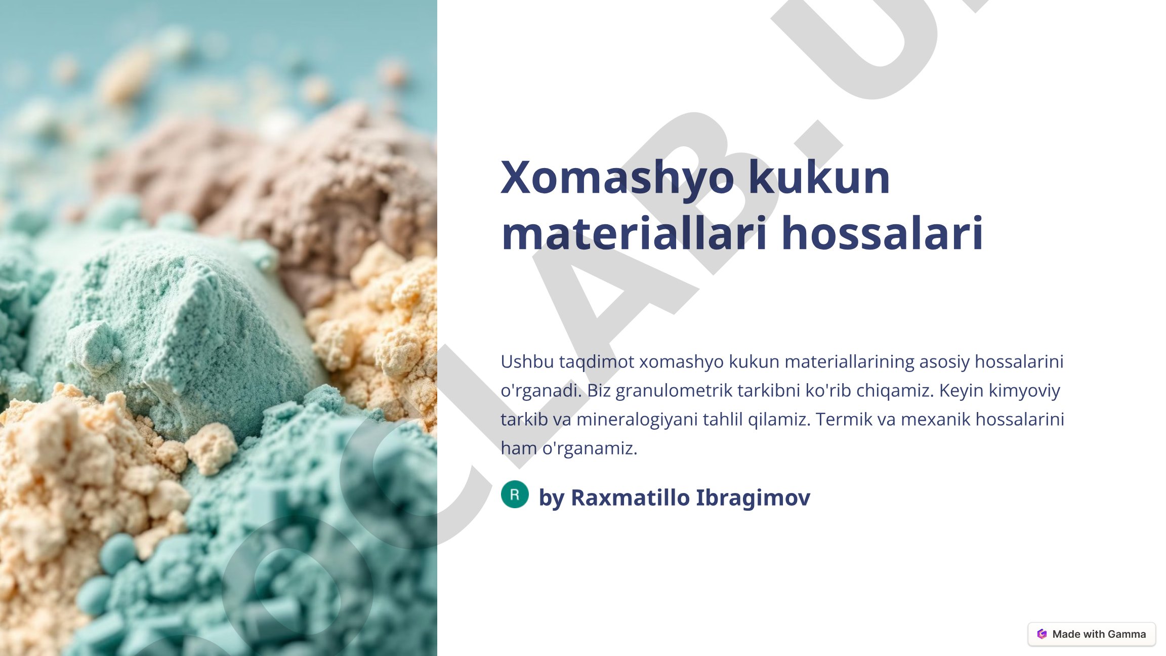Xomashyo kukun materiallari hossalari