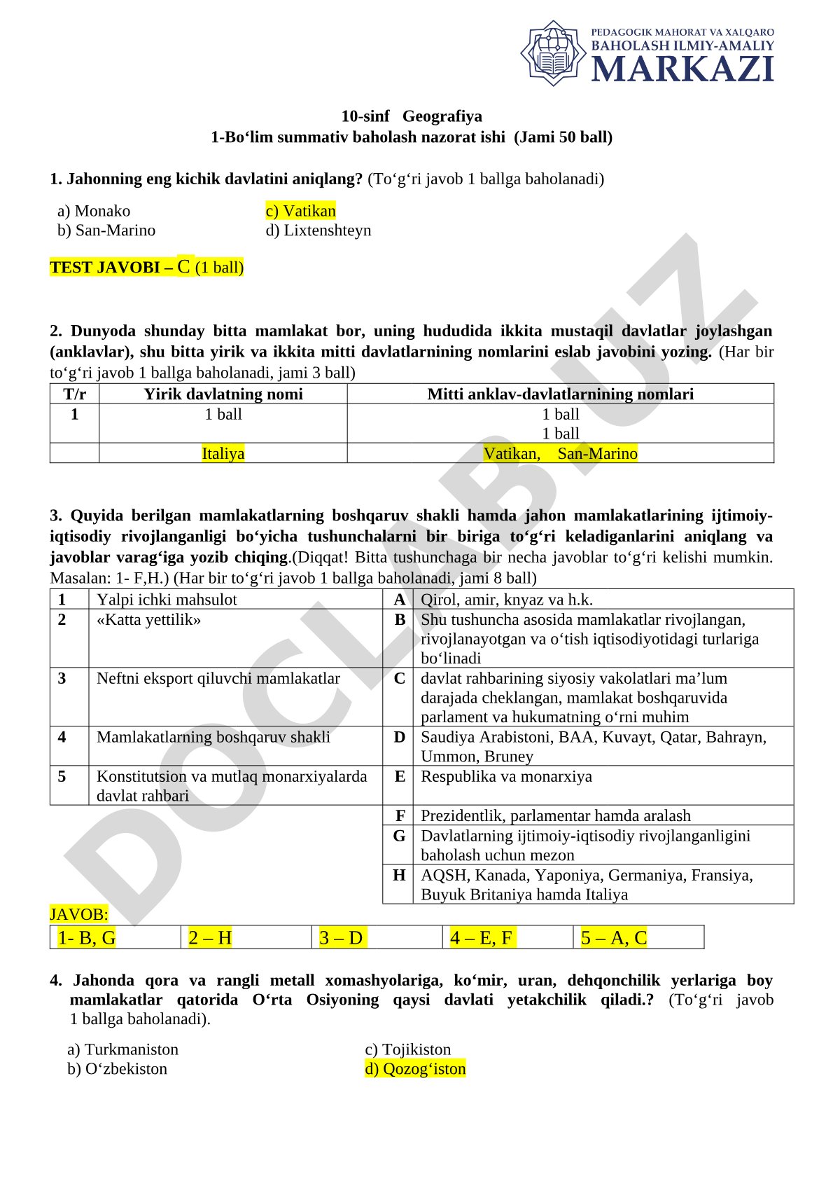 10-sinf Geografiya 1-Bo'lim summativ baholash nazorat ishi