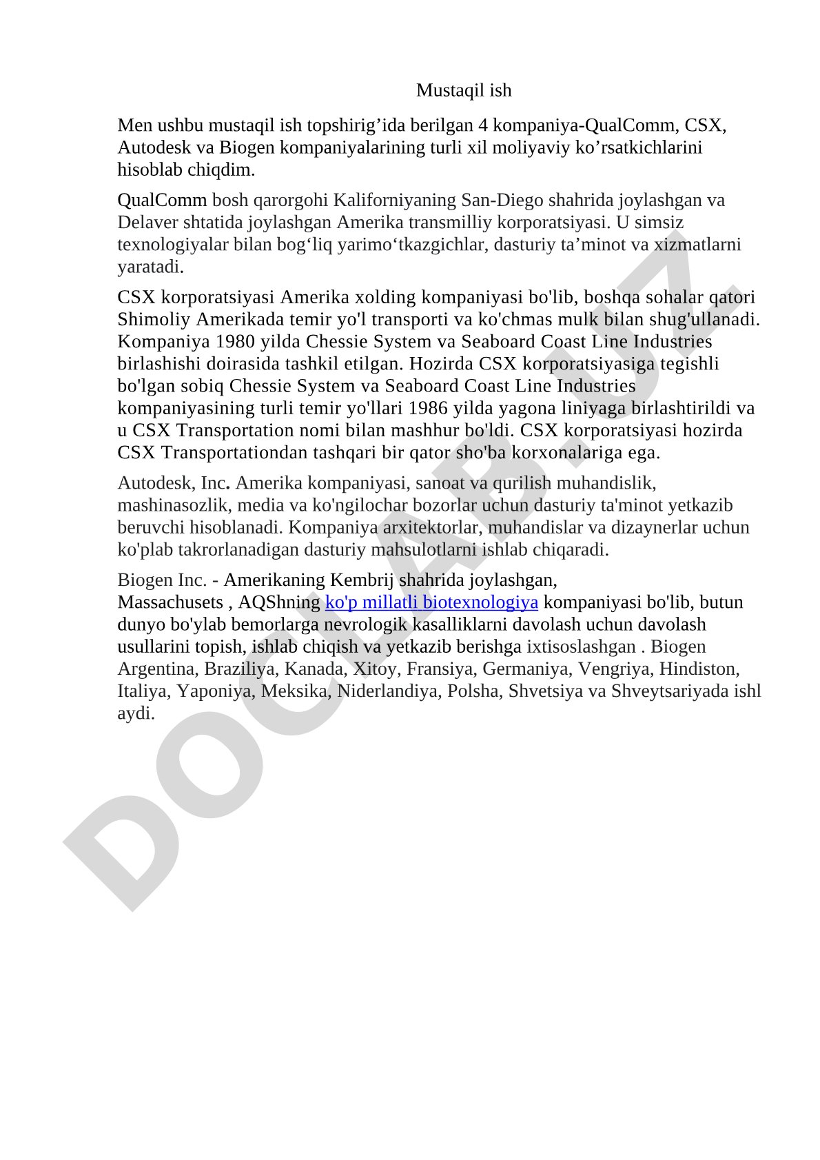 QualComm, CSX, Autodesk va Biogen kompaniyalarining moliyaviy ko'rsatkichlari