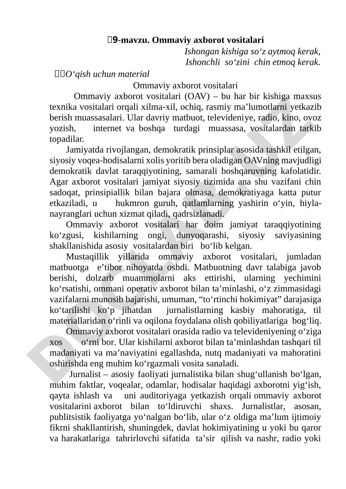 OAV ta'rifi, turlari va jamiyatdagi roli haqida o'quv materiali