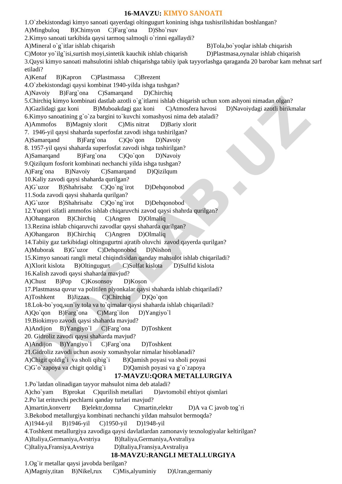 Kimyo sanoati test savollari