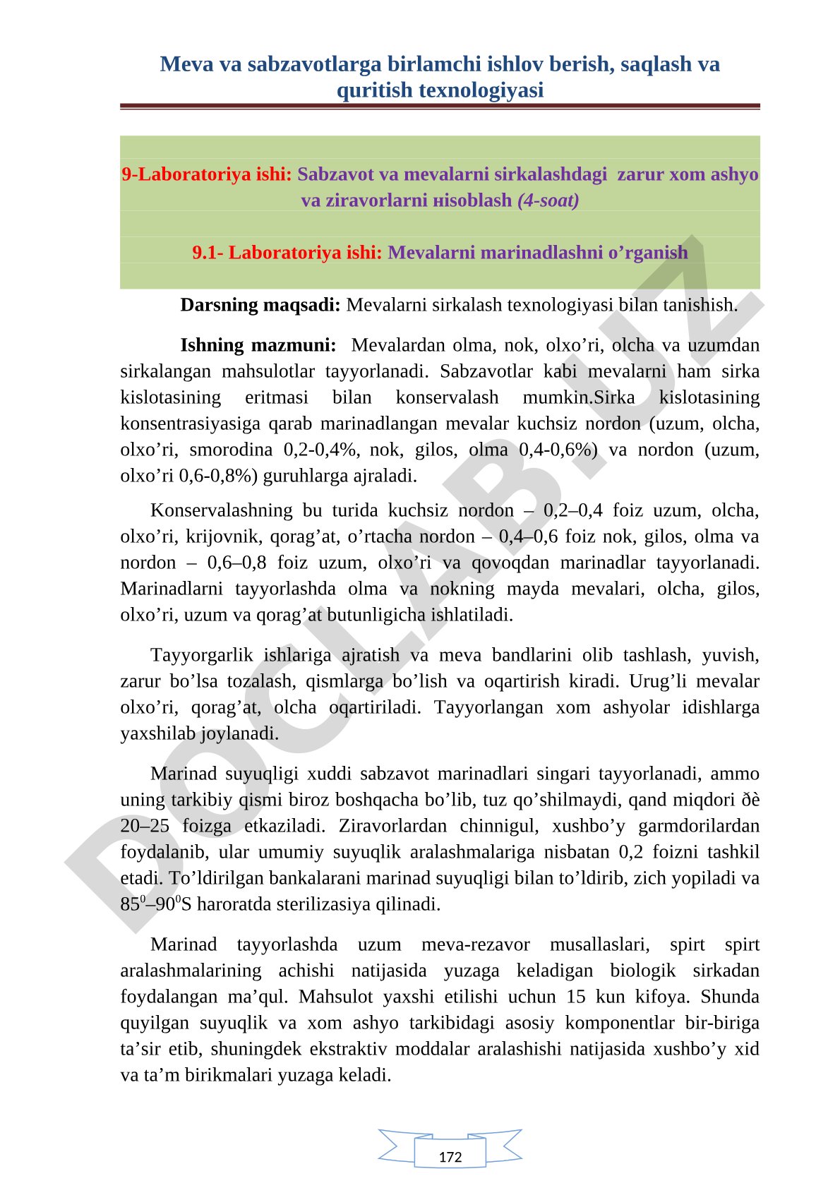 Mevalarni sirkalash va marinadlash texnologiyasi hamda xom ashyo hisoblash