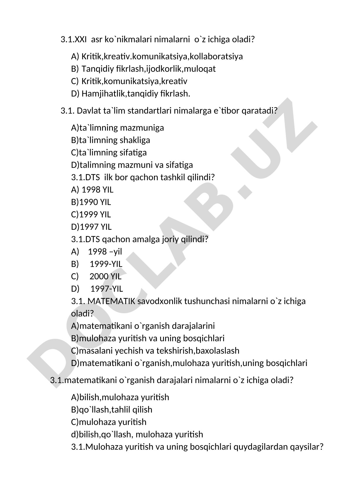 XXI asr ko'nikmalari, DTS va matematik savodxonlik test savollari