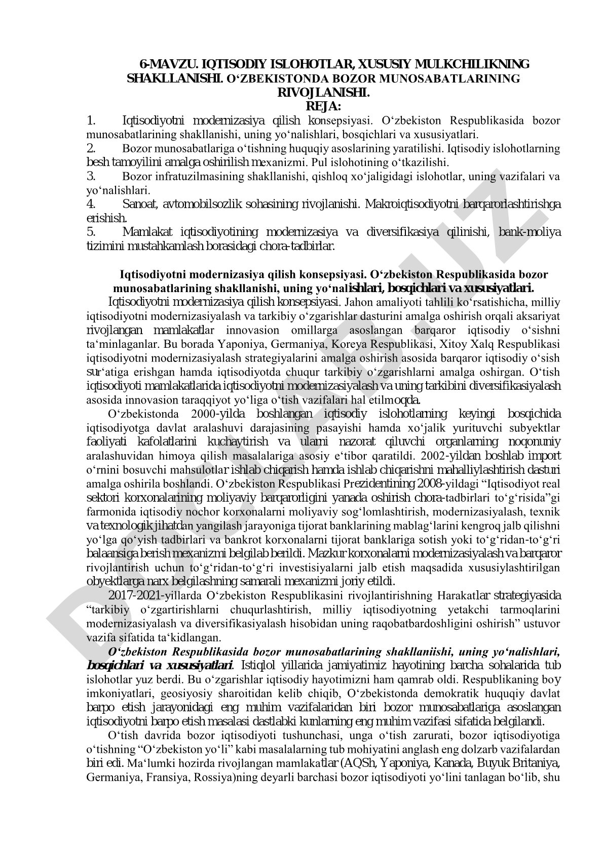Iqtisodiy islohotlar, xususiy mulkchilikning shakllanishi. Oʻzbekistonda bozor munosabatlarining rivojlanishi