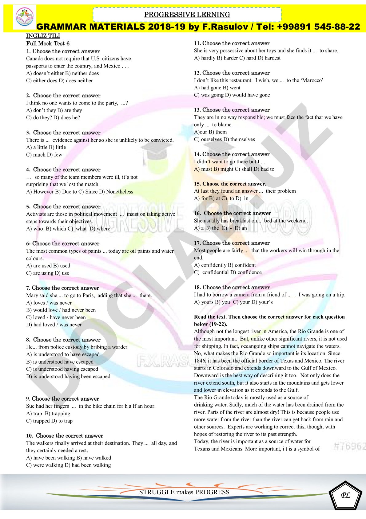 Grammar Materials 2018-19 by F.Rasulov - Full Mock Test 6