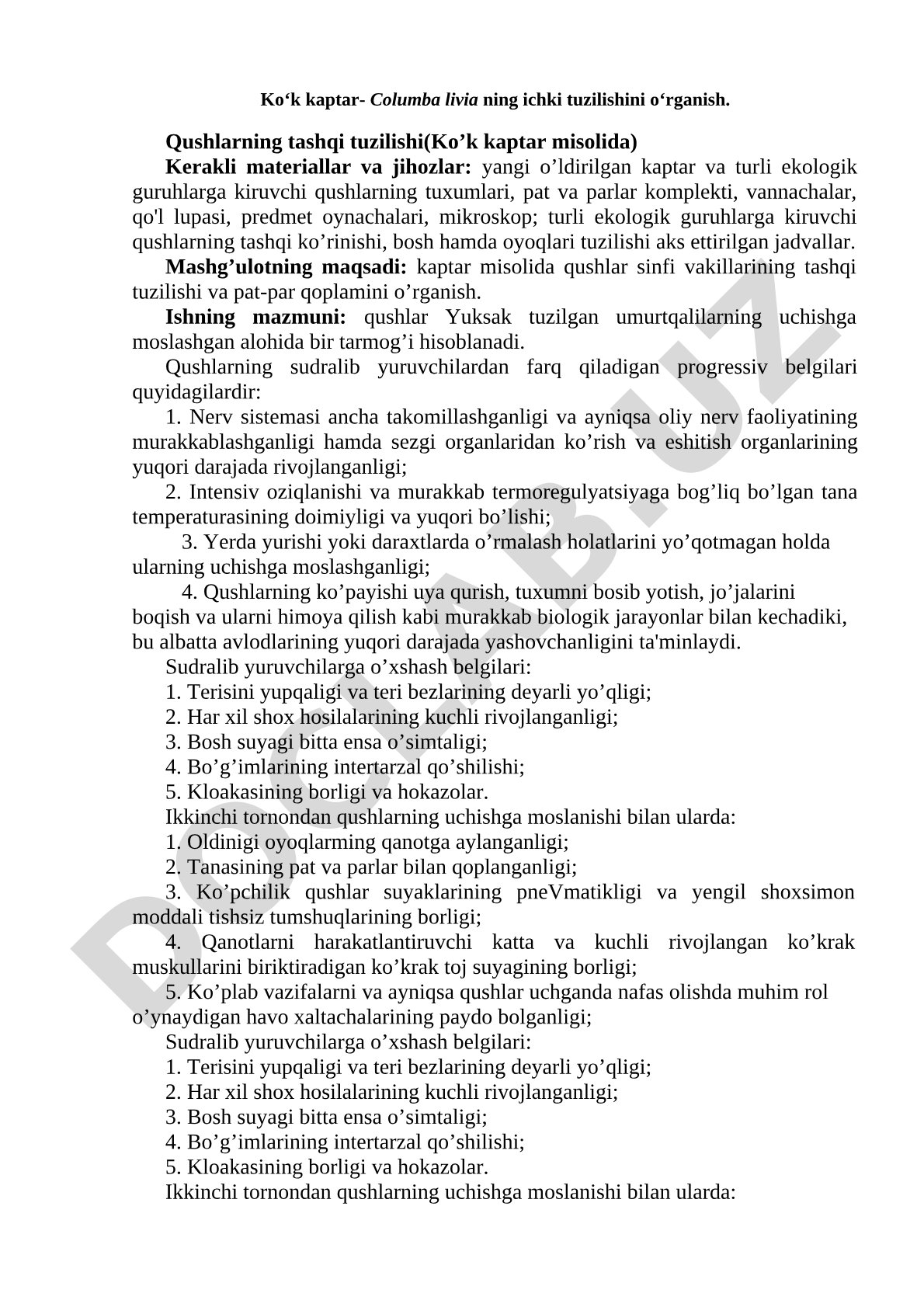 Ko‘k kaptarning ichki va tashqi tuzilishi