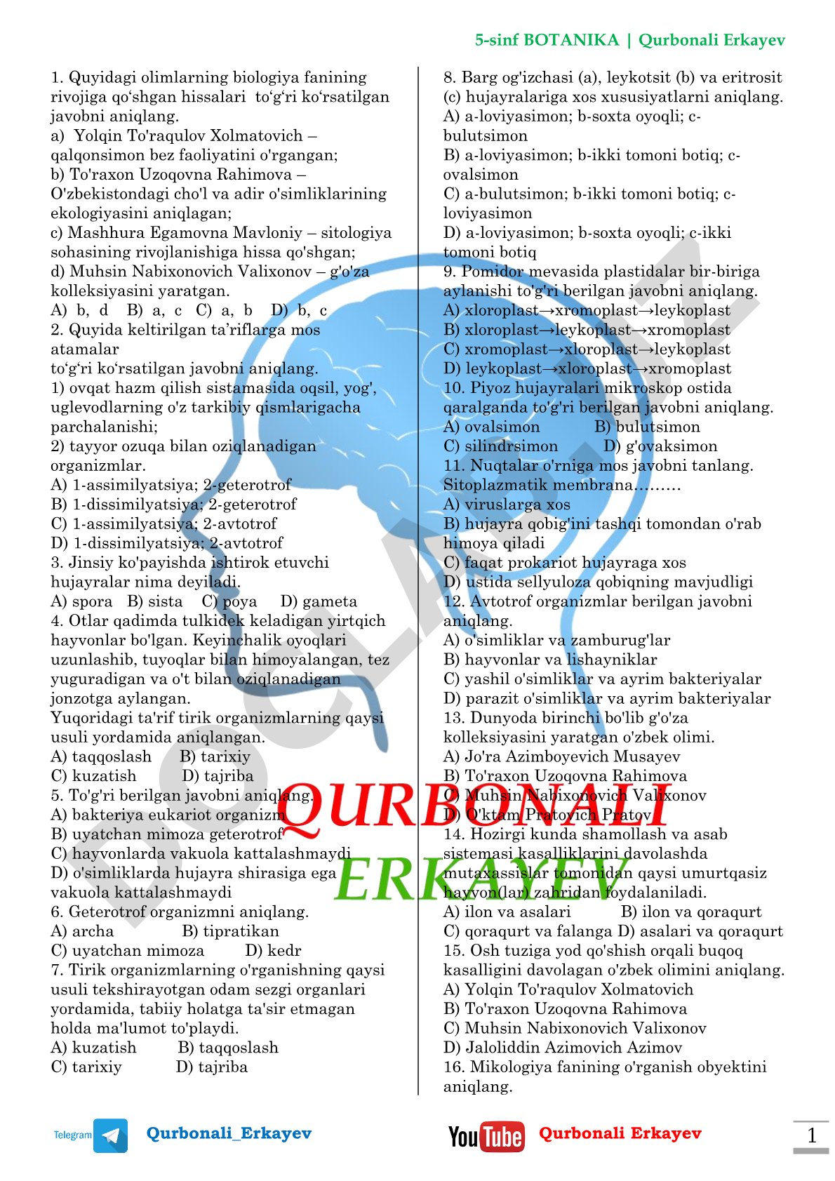 5-sinf botanika test savollari