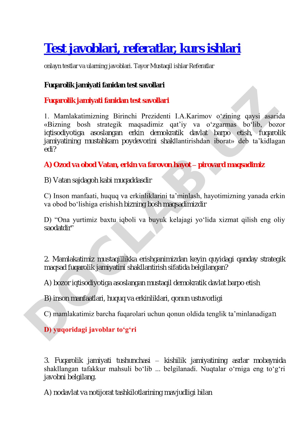 Fuqarolik jamiyati fanidan test savollari