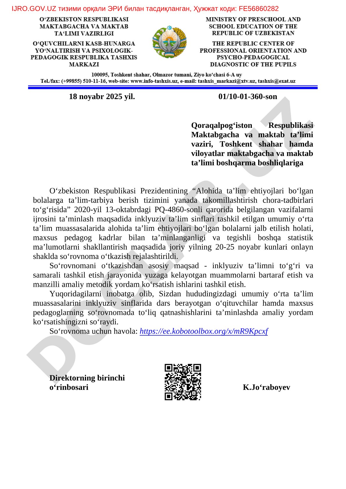Inklyuziv ta'lim sinflari bo'yicha so'rovnoma o'tkazish