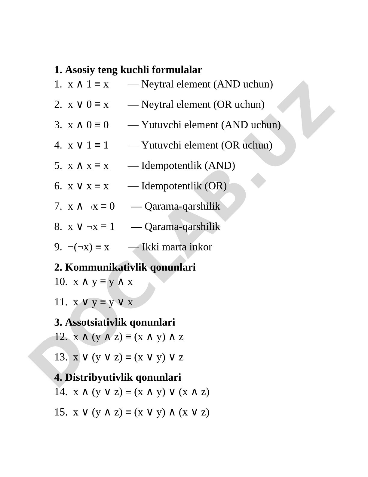 Mantiq algebrasining asosiy qonunlari