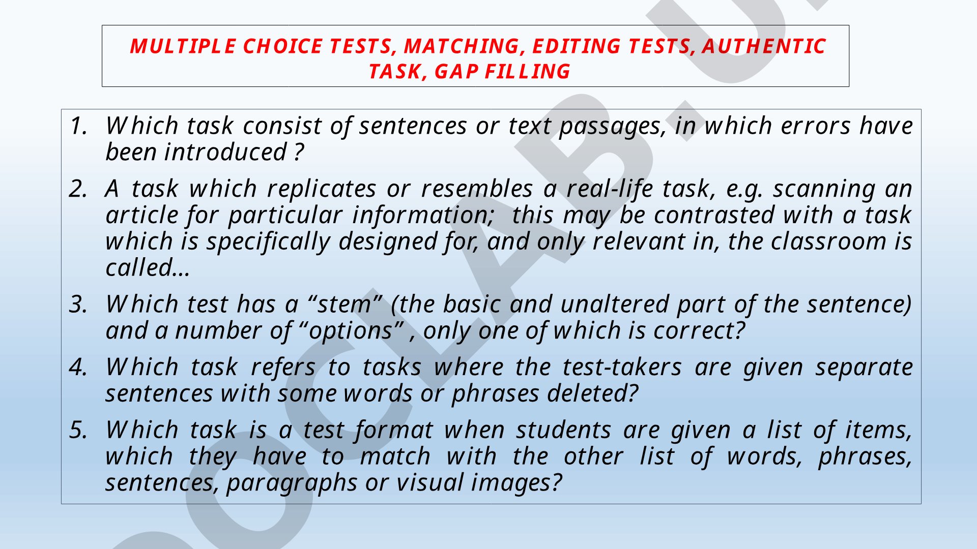 Language testing tasks and definitions