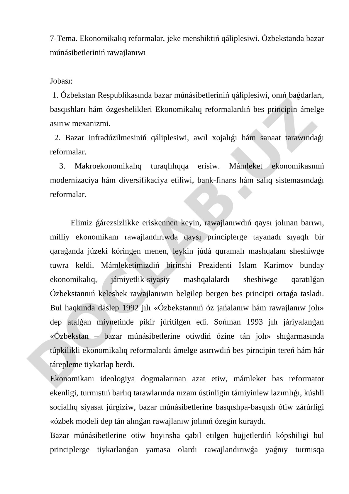 Ekonomikalıq reformalar, jeke menshiktiń qáliplesiwi, Ózbekstanda bazar múnásibetleriniń rawajlanıwı