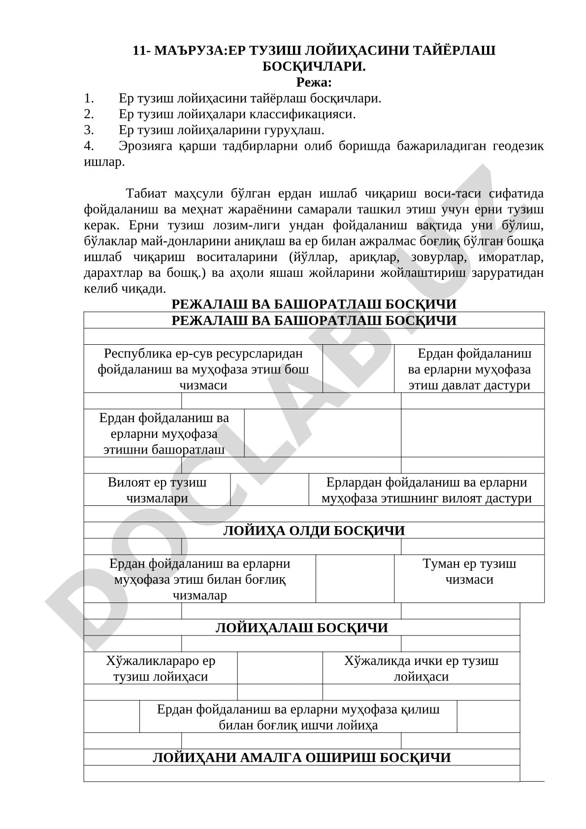 ЕР ТУЗИШ ЛОЙИҲАСИНИ ТАЙЁРЛАШ БОСҚИЧЛАРИ