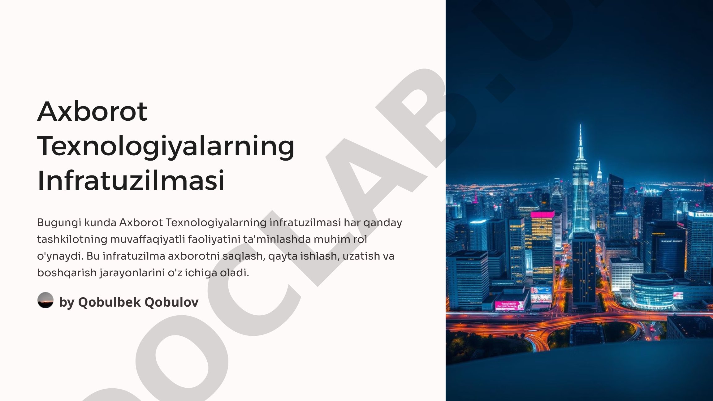 Axborot texnologiyalari infratuzilmasi qismlari, tarmoq va xavfsizlik tizimi yoritilgan