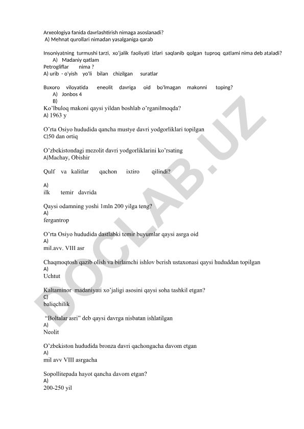 Arxeologiya fanida davrlashtirish va O'zbekiston arxeologik yodgorliklari