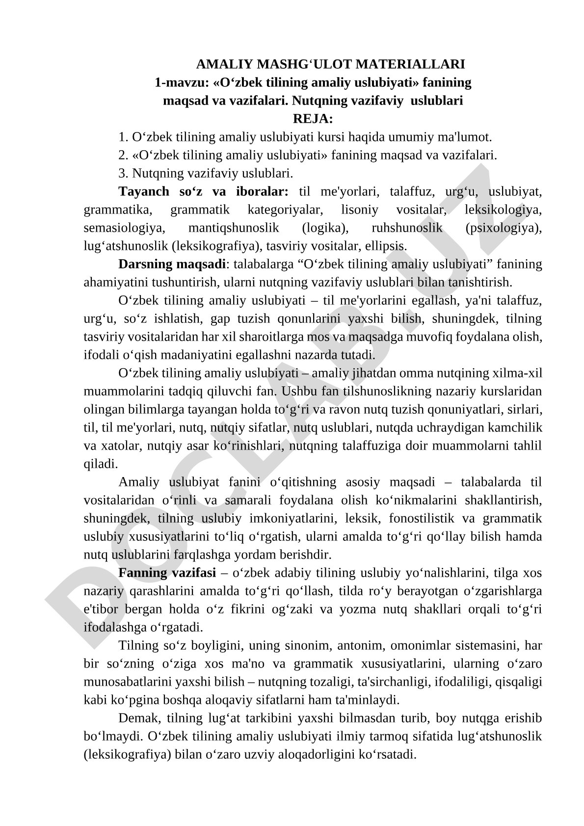 O‘zbek tilining amaliy uslubiyati fanining maqsad va vazifalari