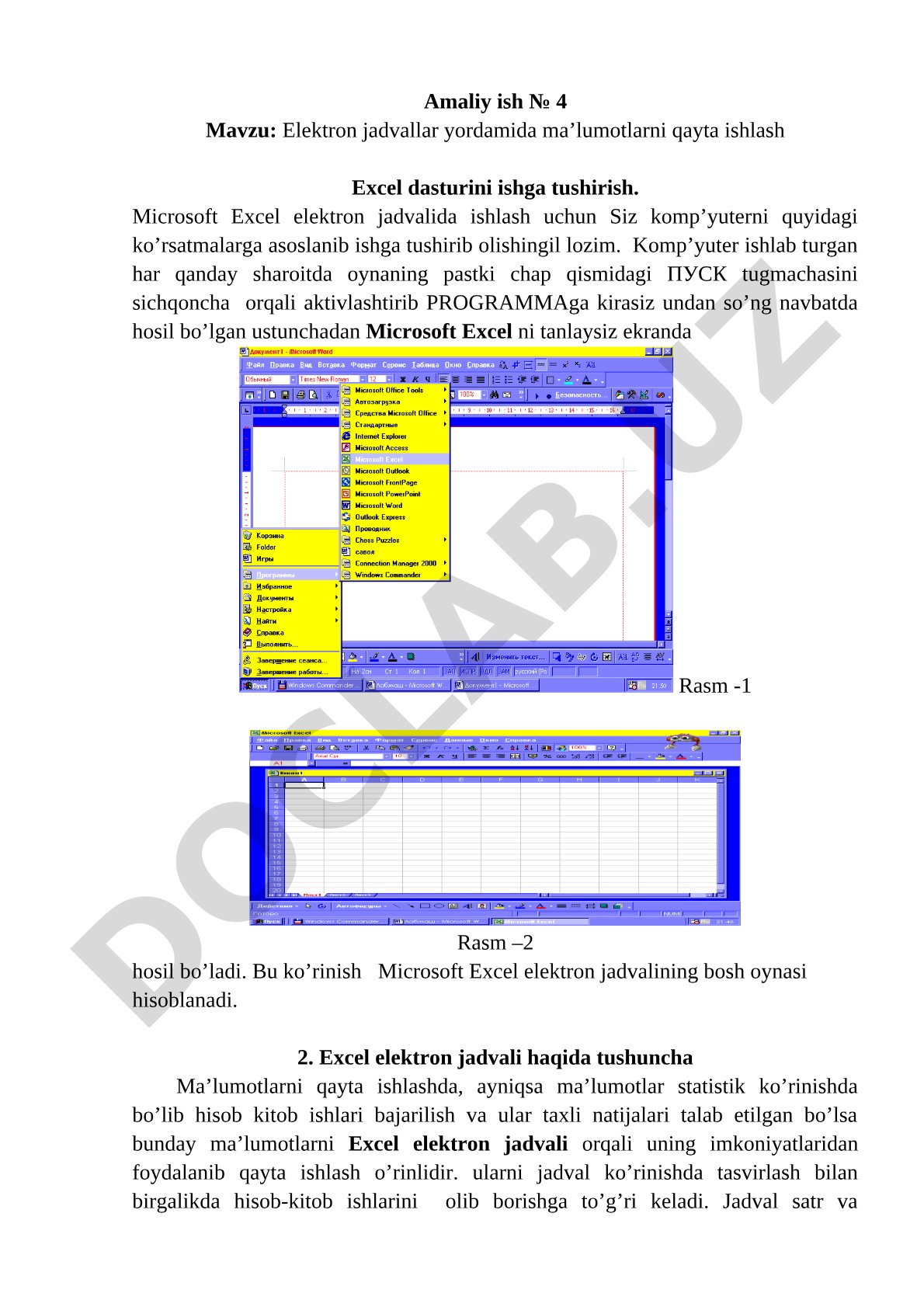 Elektron jadvallar yordamida ma’lumotlarni qayta ishlash Excel dasturini ishga tushirish