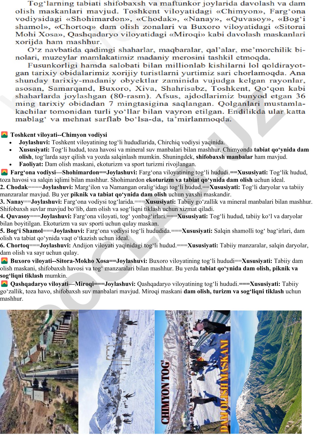 O'zbekistonda ekoturizm va dam olish maskanlari