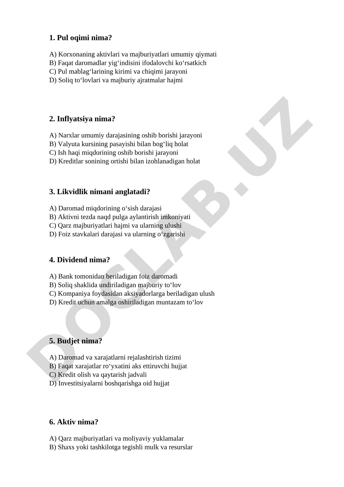 Moliyaviy savodxonlik bo'yicha test savollari