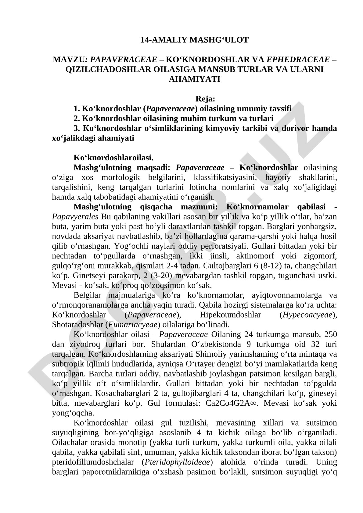 PAPAVERACEAE – KO‘KNORDOSHLAR VA EPHEDRACEAE – QIZILCHADOSHLAR OILASIGA MANSUB TURLAR VA ULARNI AHAMIYATI
