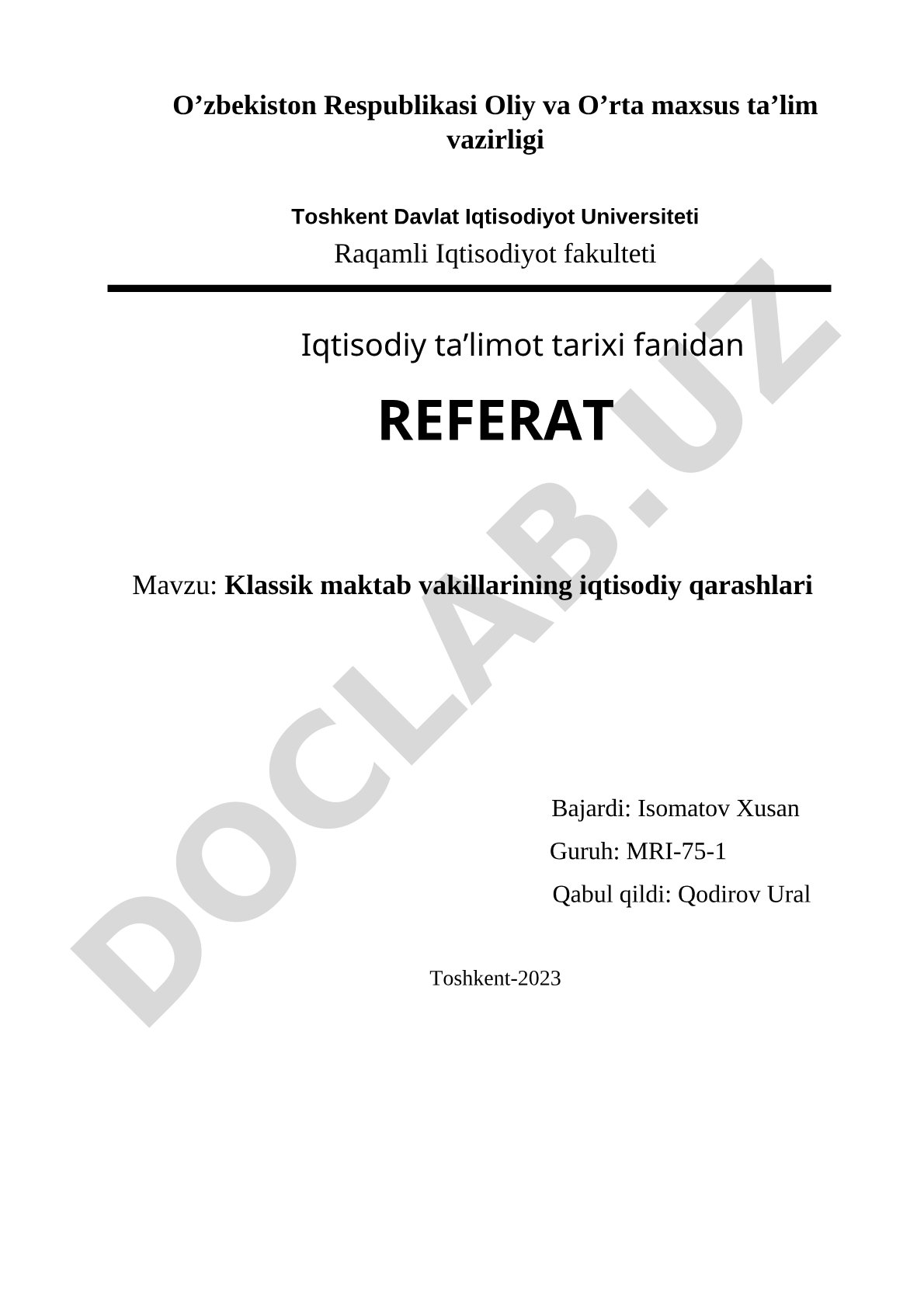 Klassik maktab vakillarining iqtisodiy qarashlari