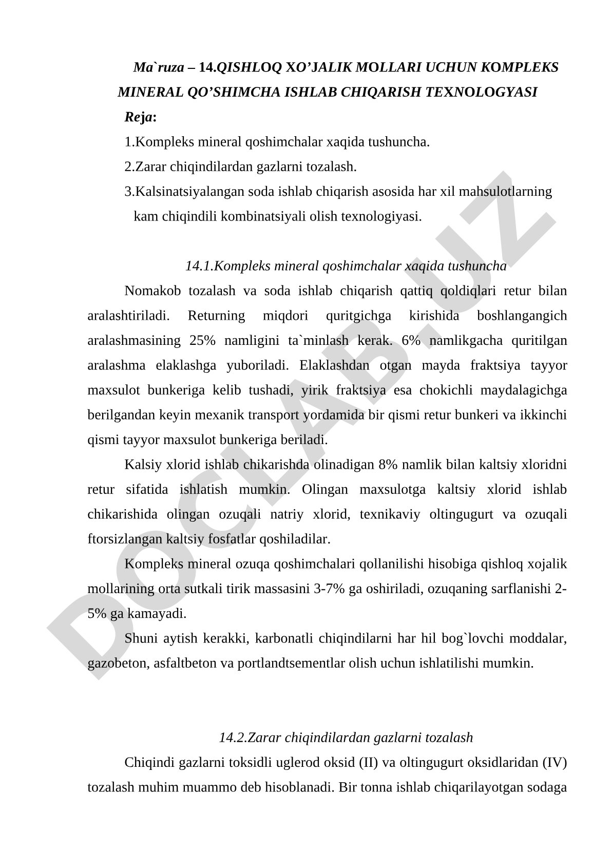 Qishloq xo’jalik mollari uchun kompleks mineral qo’shimcha ishlab chiqarish texnologiyasi