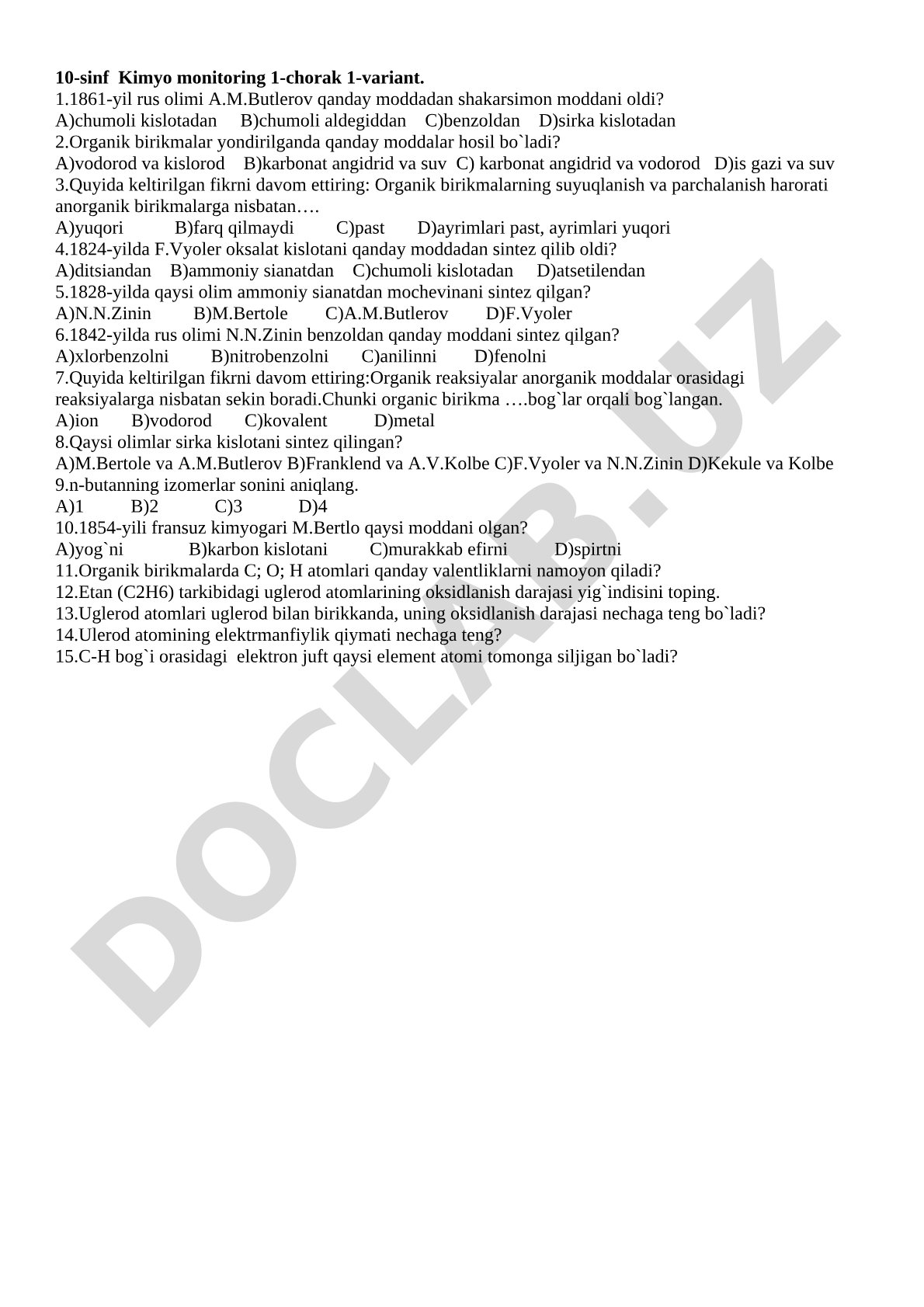 10-sinf Kimyo monitoring 1-chorak 1-variant