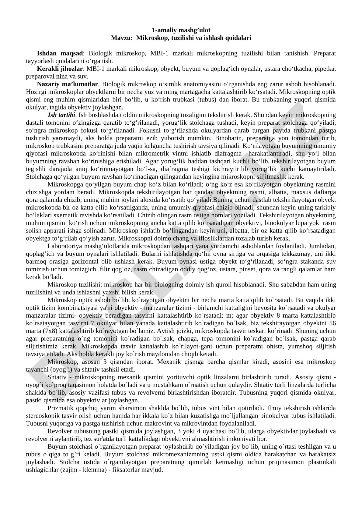 Mikroskop, tuzilishi va ishlash qoidalari