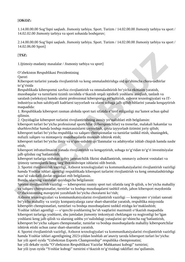 Kibersportni rivojlantirish va ommalashtirish bo'yicha chora-tadbirlar