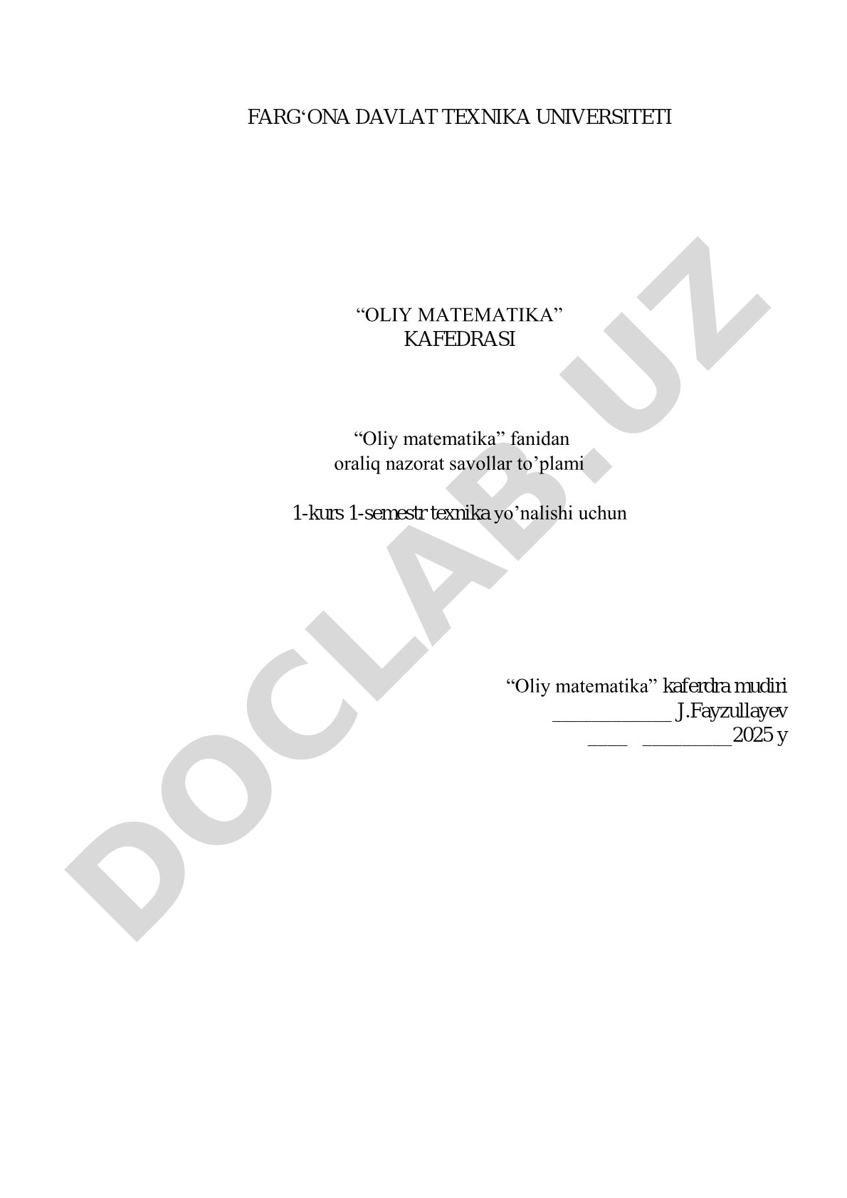 Oliy matematika fanidan oraliq nazorat savollari to'plami