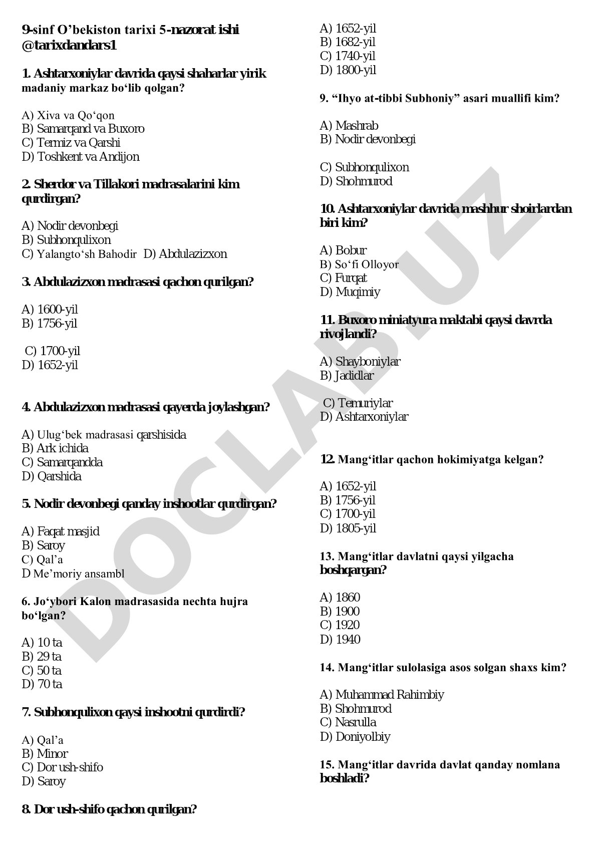 9-sinf O'zbekiston tarixi 5-nazorat ishi