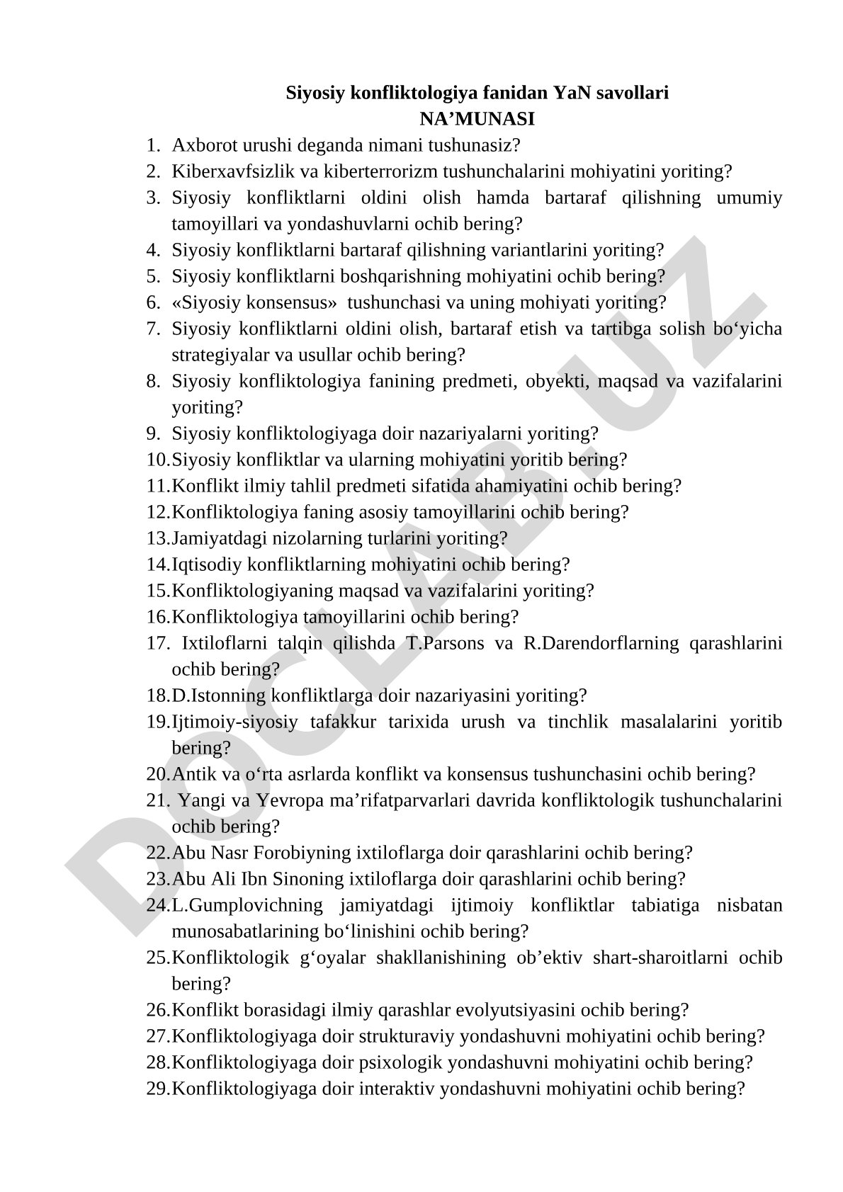 Siyosiy konfliktologiya fanidan YaN savollari namunasi