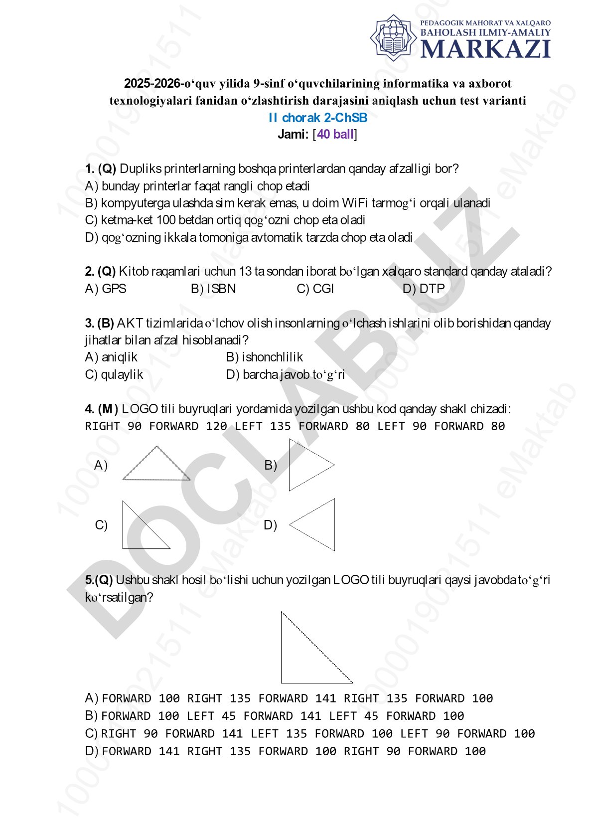 9-sinf informatika va axborot texnologiyalari fanidan test varianti II chorak