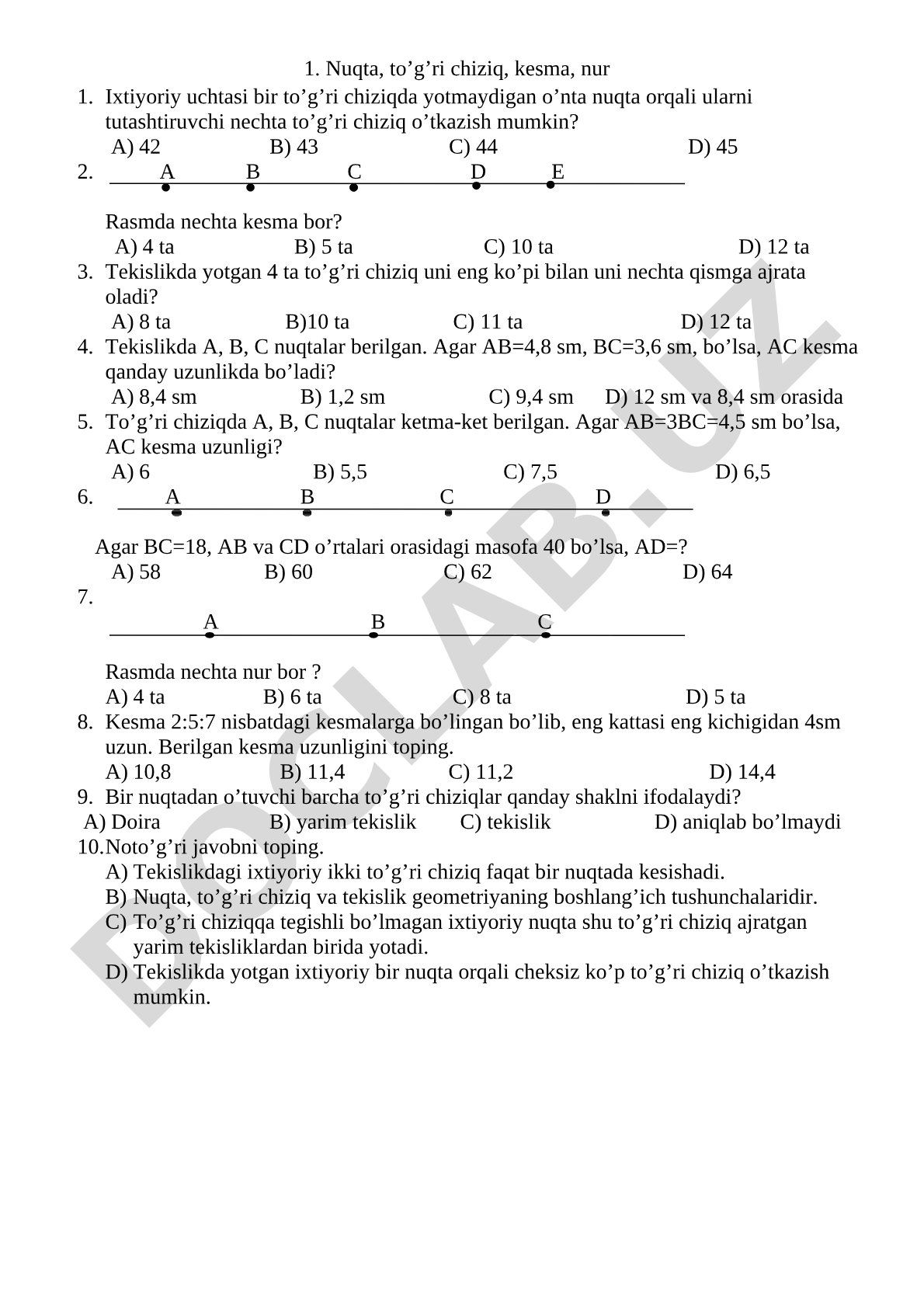 Geometriya masalalari: nuqta, to'g'ri chiziq, kesma, nur