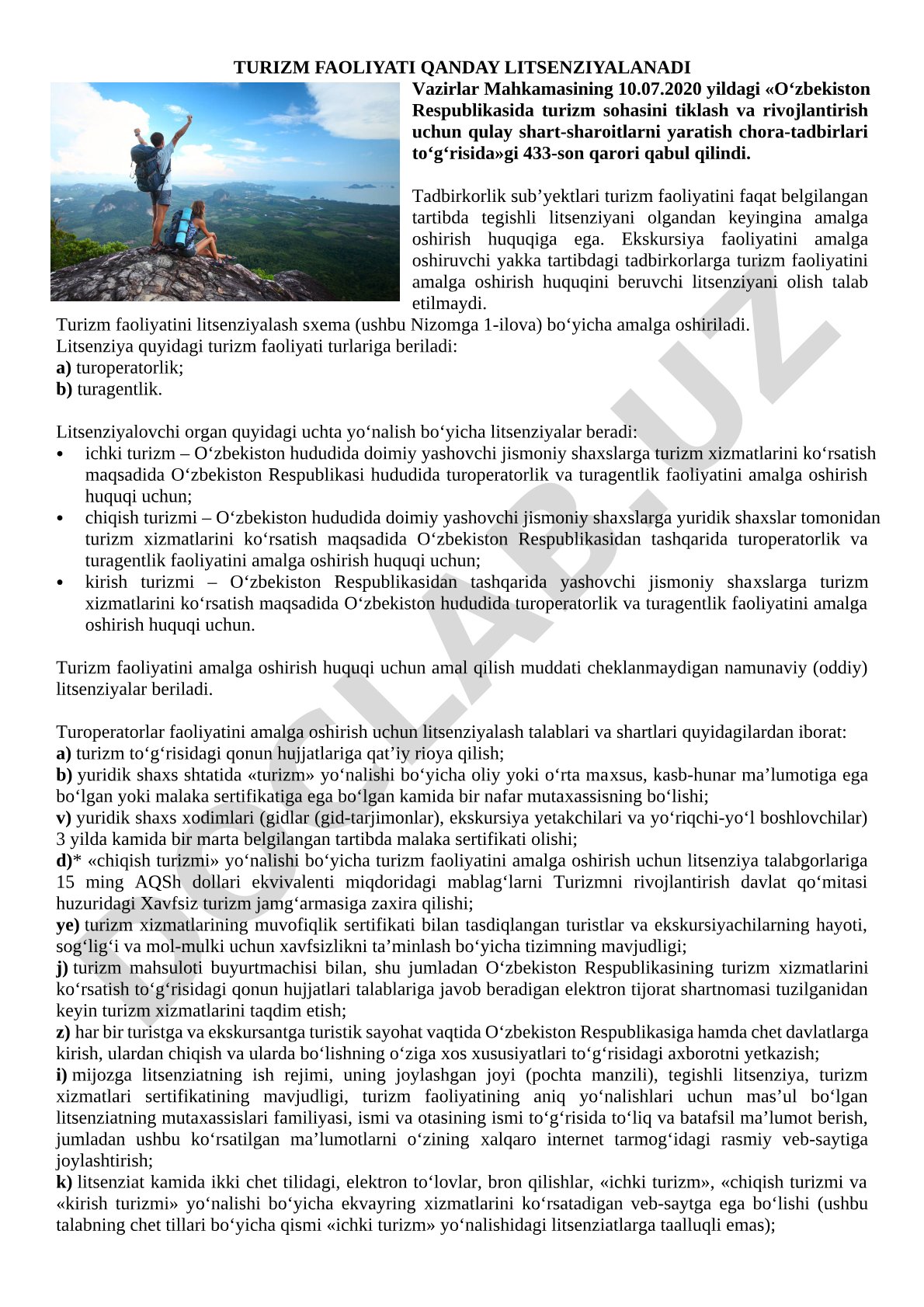 TURIZM FAOLIYATI QANDAY LITSENZIYALANADI