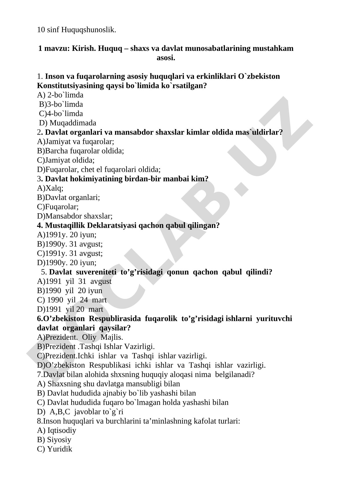 Kirish. Huquq – shaxs va davlat munosabatlarining mustahkam asosi