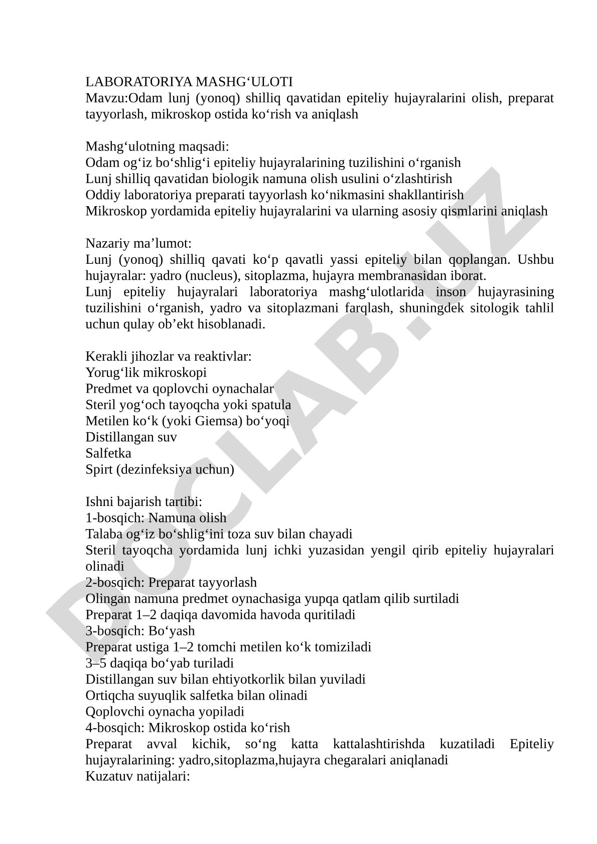 Odam lunj (yonoq) shilliq qavatidan epiteliy hujayralarini olish, preparat tayyorlash, mikroskop ostida ko‘rish va aniqlash