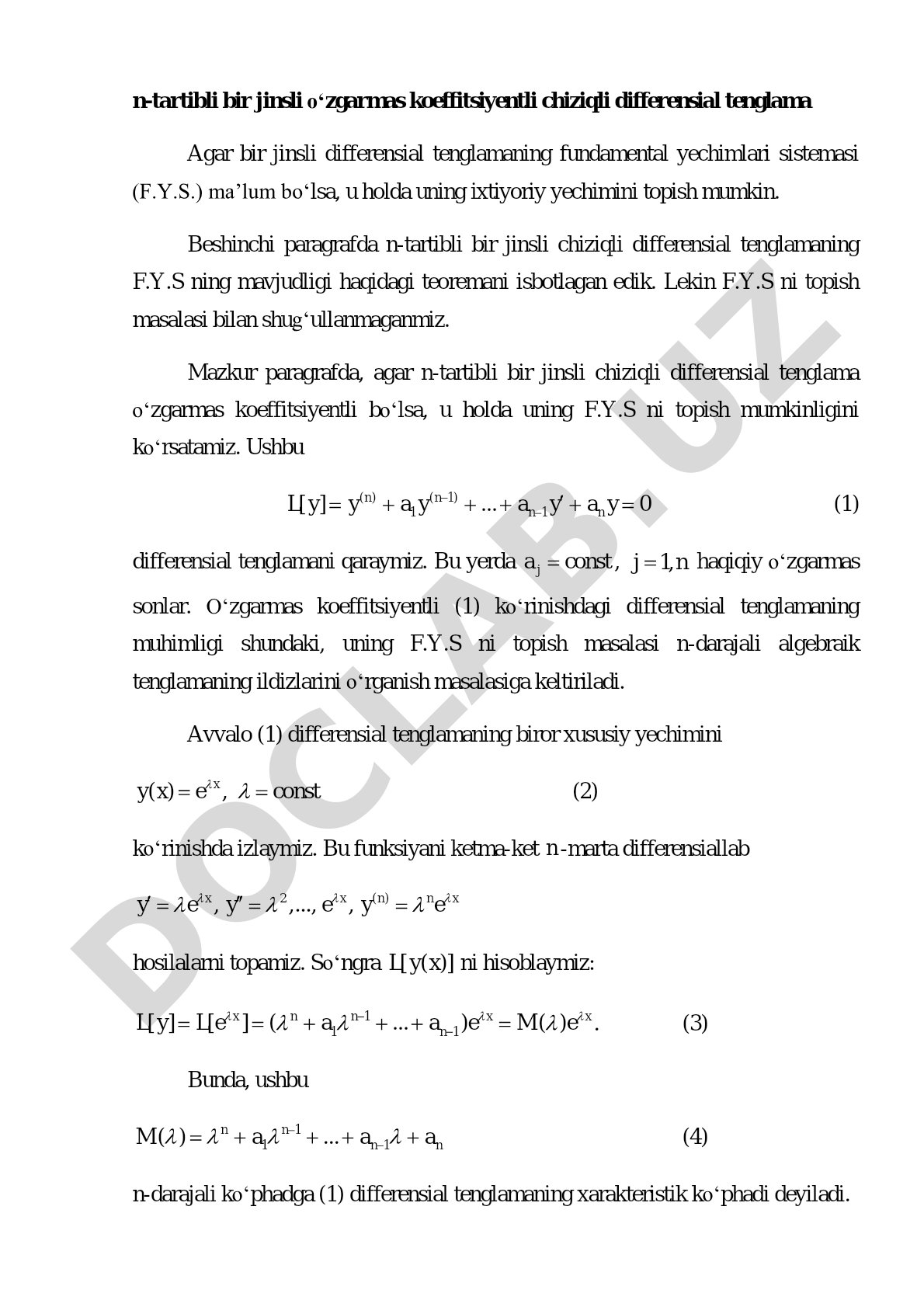 n-tartibli bir jinsli o‘zgarmas koeffitsiyentli chiziqli differensial tenglama