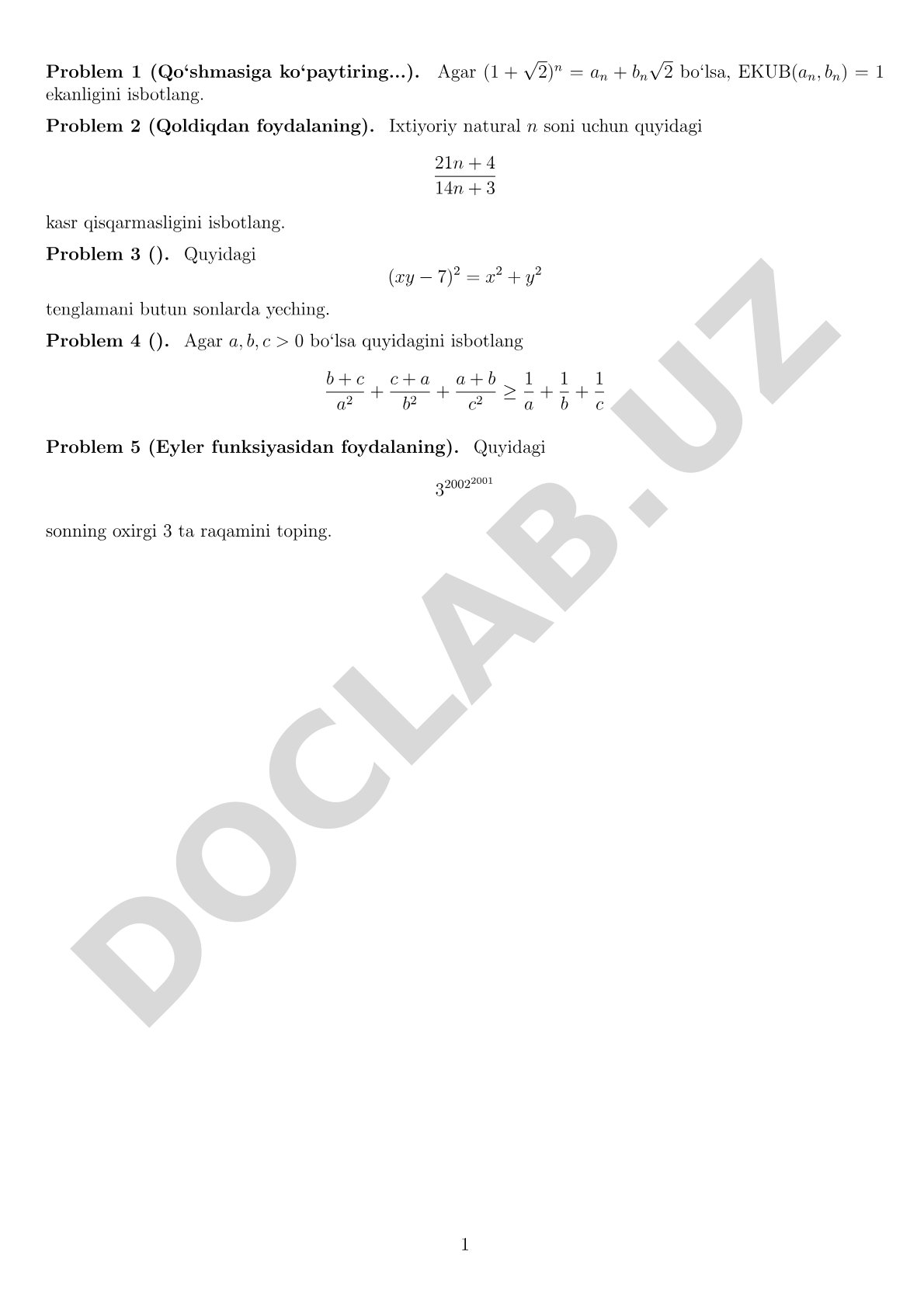 Sonlar nazariyasiga oid beshta matematik masala