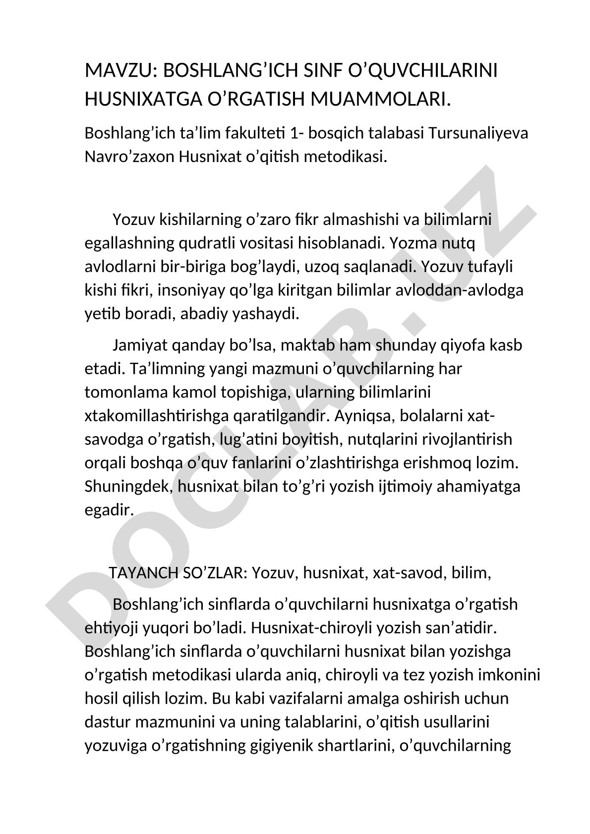 Boshlang'ich sinf o'quvchilarini husnixatga o'rgatish muammolari