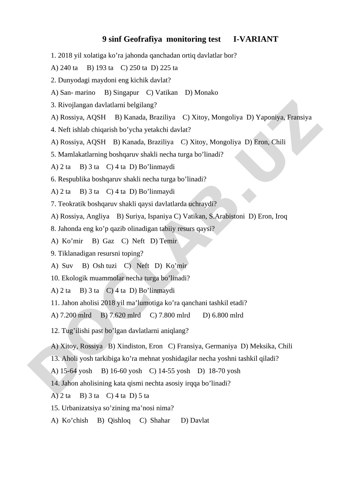 9 sinf Geofrafiya monitoring test I-variant