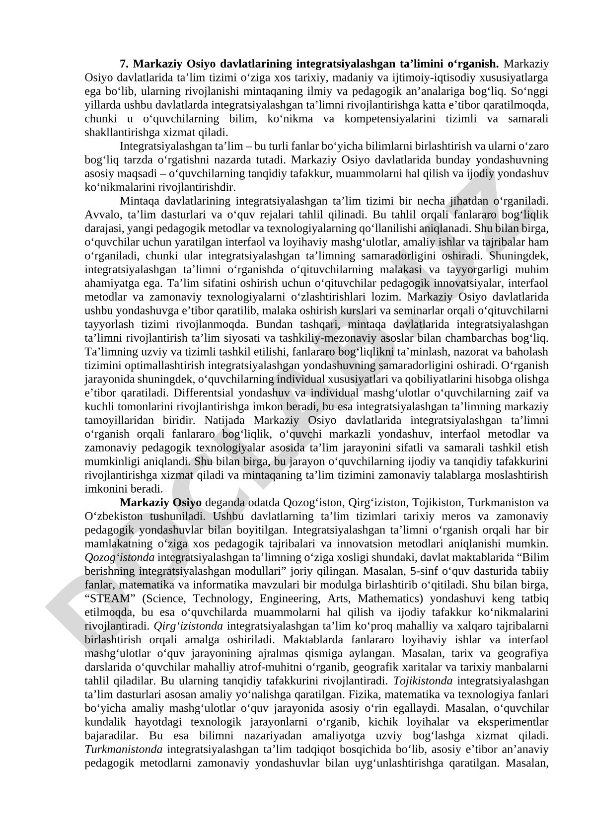 Markaziy Osiyo davlatlarining integratsiyalashgan ta’limini o‘rganish