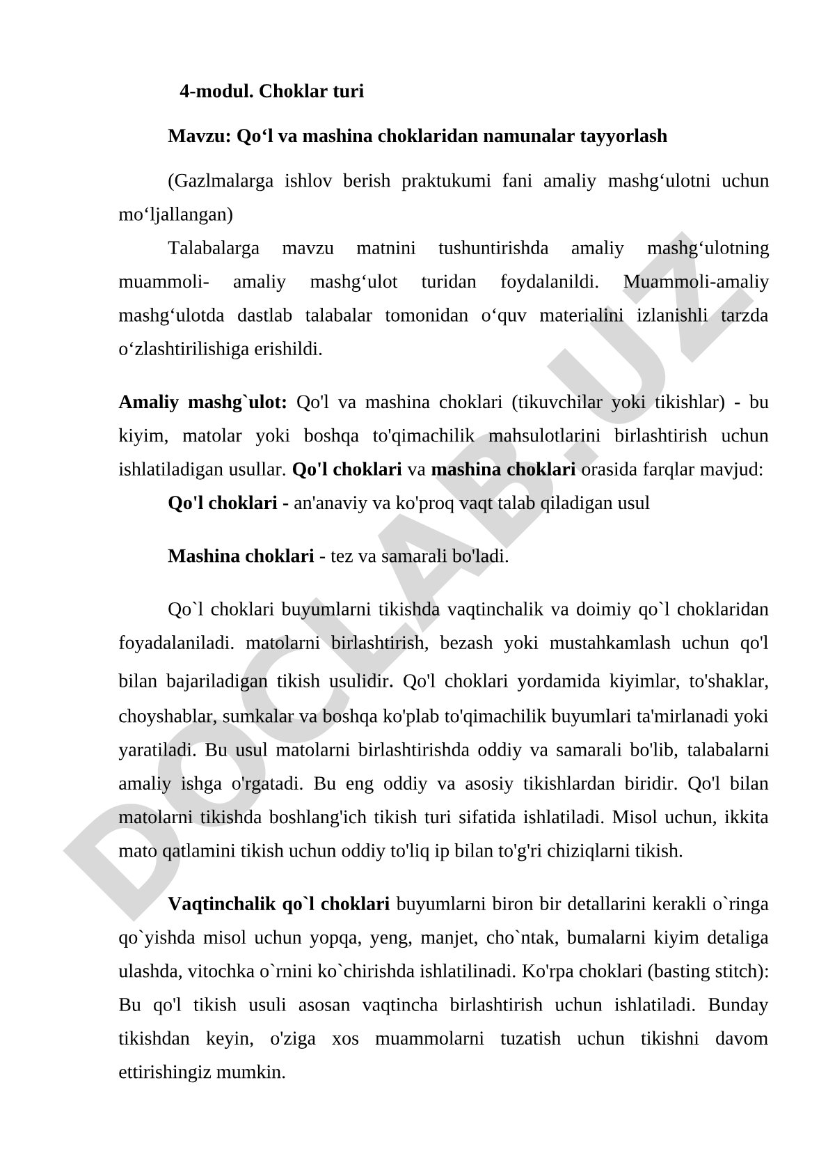 Qo'l va mashina choklaridan namunalar tayyorlash