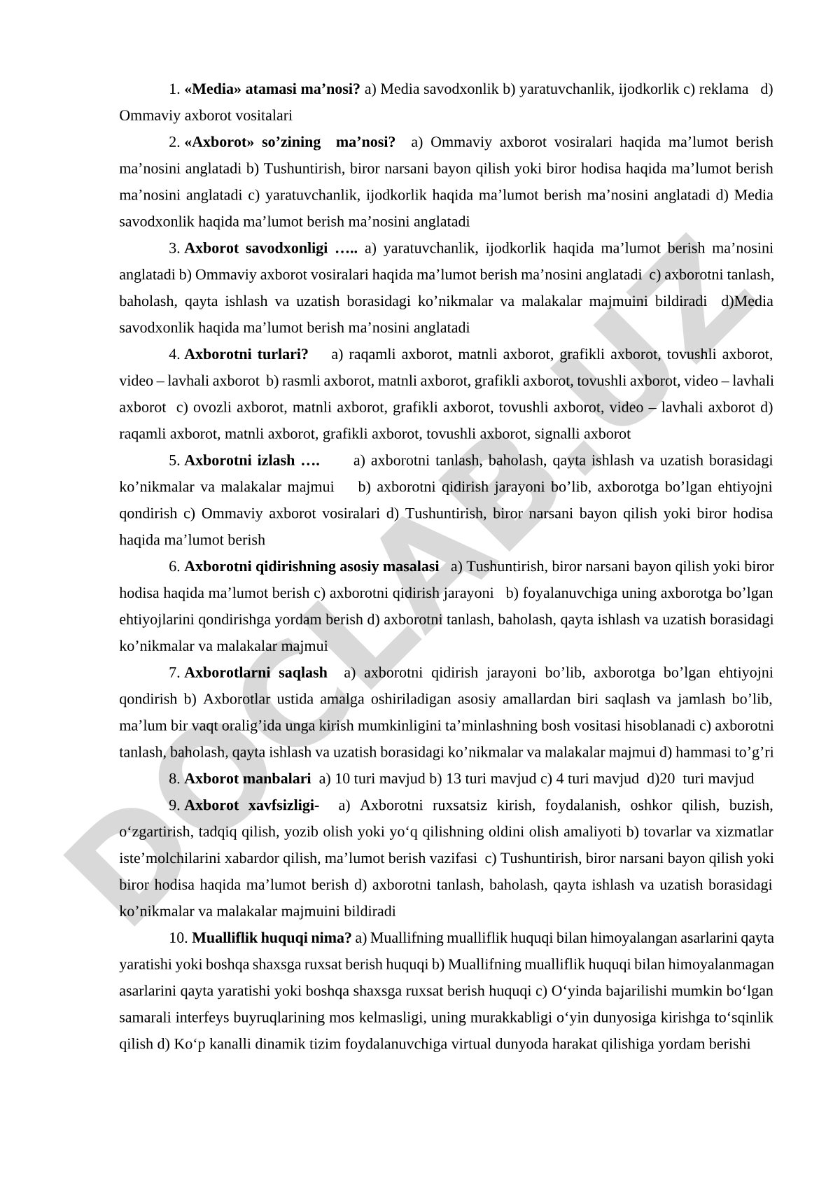 Media va axborot savodxonligi test savollari