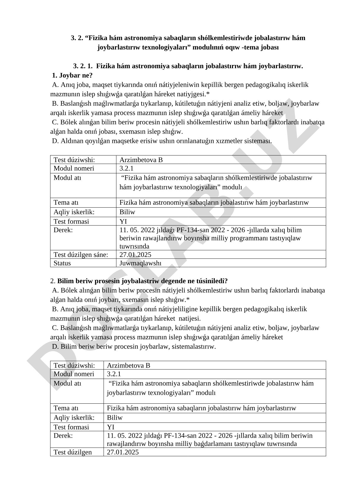 Fizika hám astronomiya sabaqların jobalastırıw hám joybarlastırıw